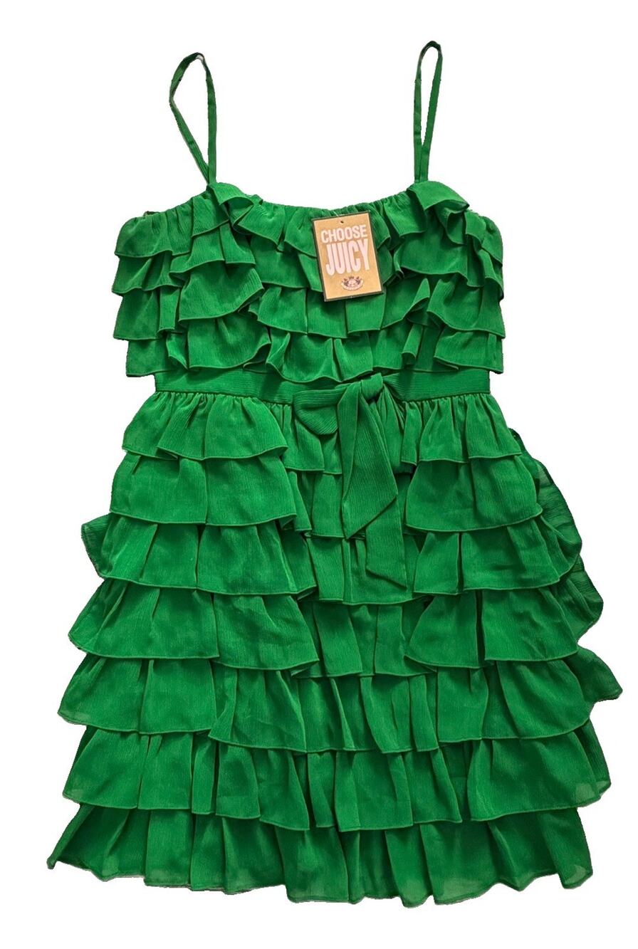 New Juicy Couture Green Pleated Chiffon Silk Tiered Ruffle Dress $378 NWT 8